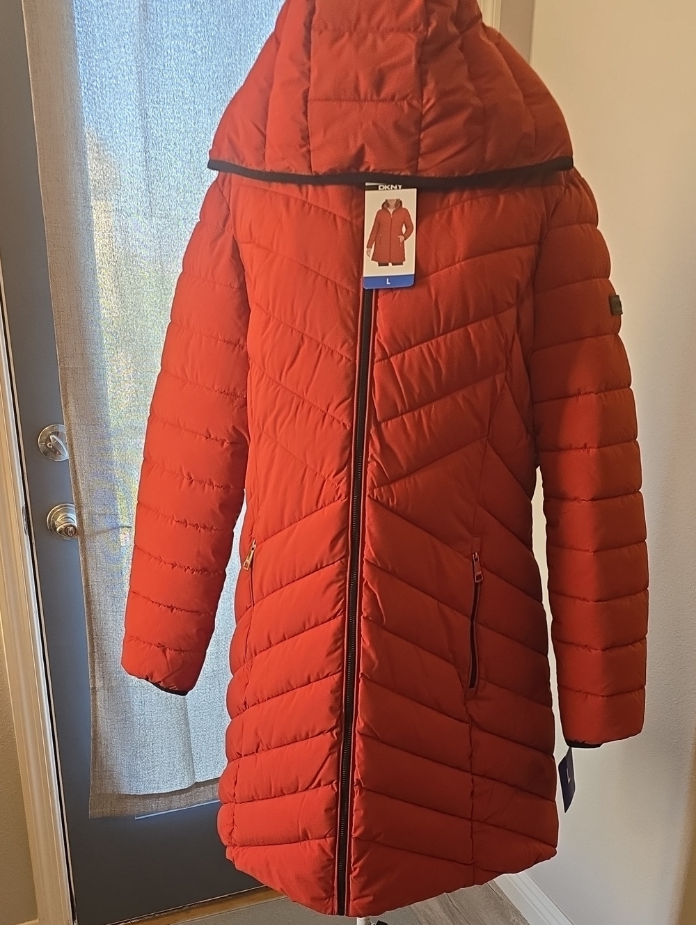 DKNY Women's Orange-Red Quilted Hooded Puffer Coat